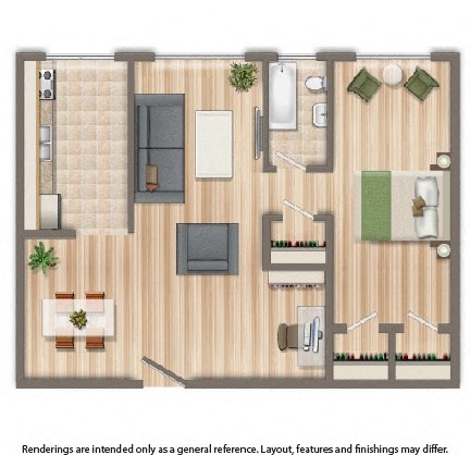 one bedroom apartment floor plan rendering at 1401 sheridan apartments in washington dc